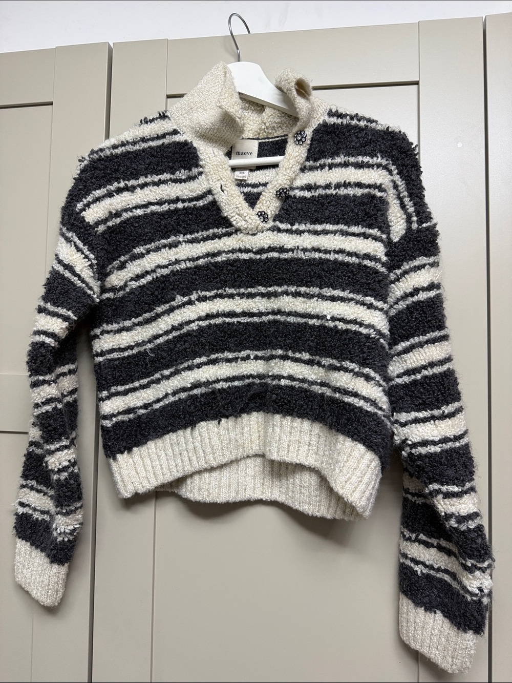 Maeve Black and Cream Striped Textured Shawl-Collar Sweater